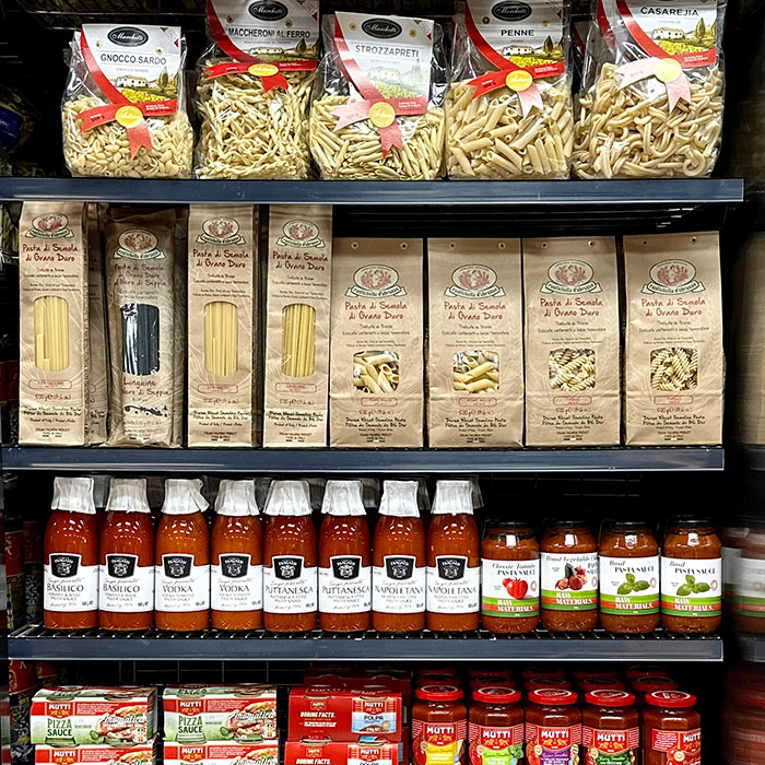 shelf of Mediterranean groceries