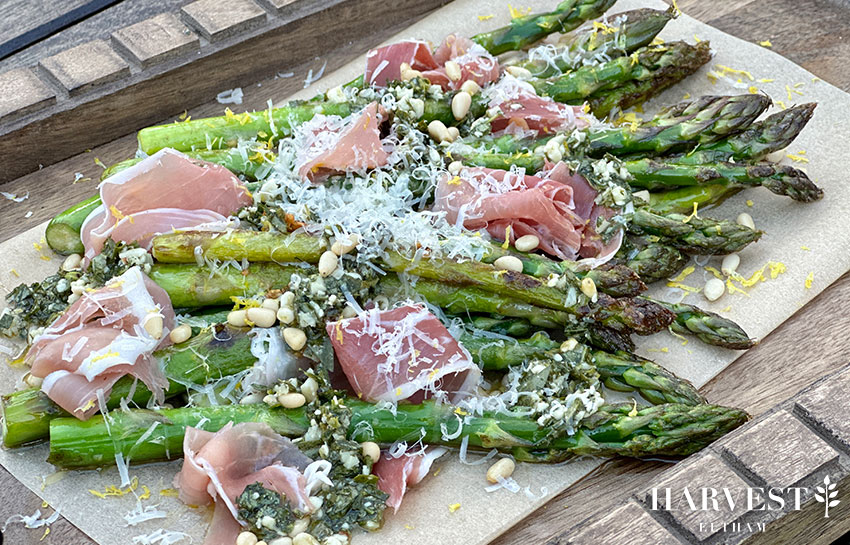 You are currently viewing Asparagus with Prosciutto, Pine Nuts, Parmesan & Pesto